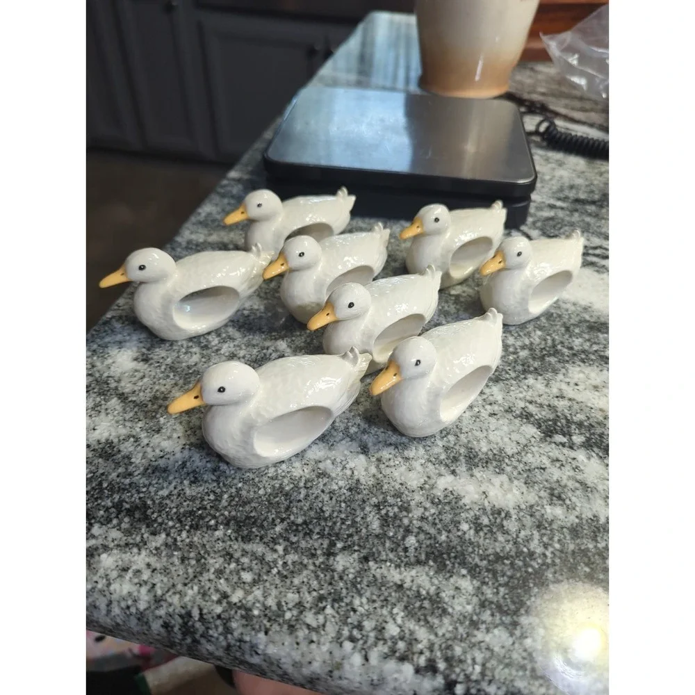 8 Vintage White Ceramic Duck /Goose Napkin Rings Cottage Core Farmhouse